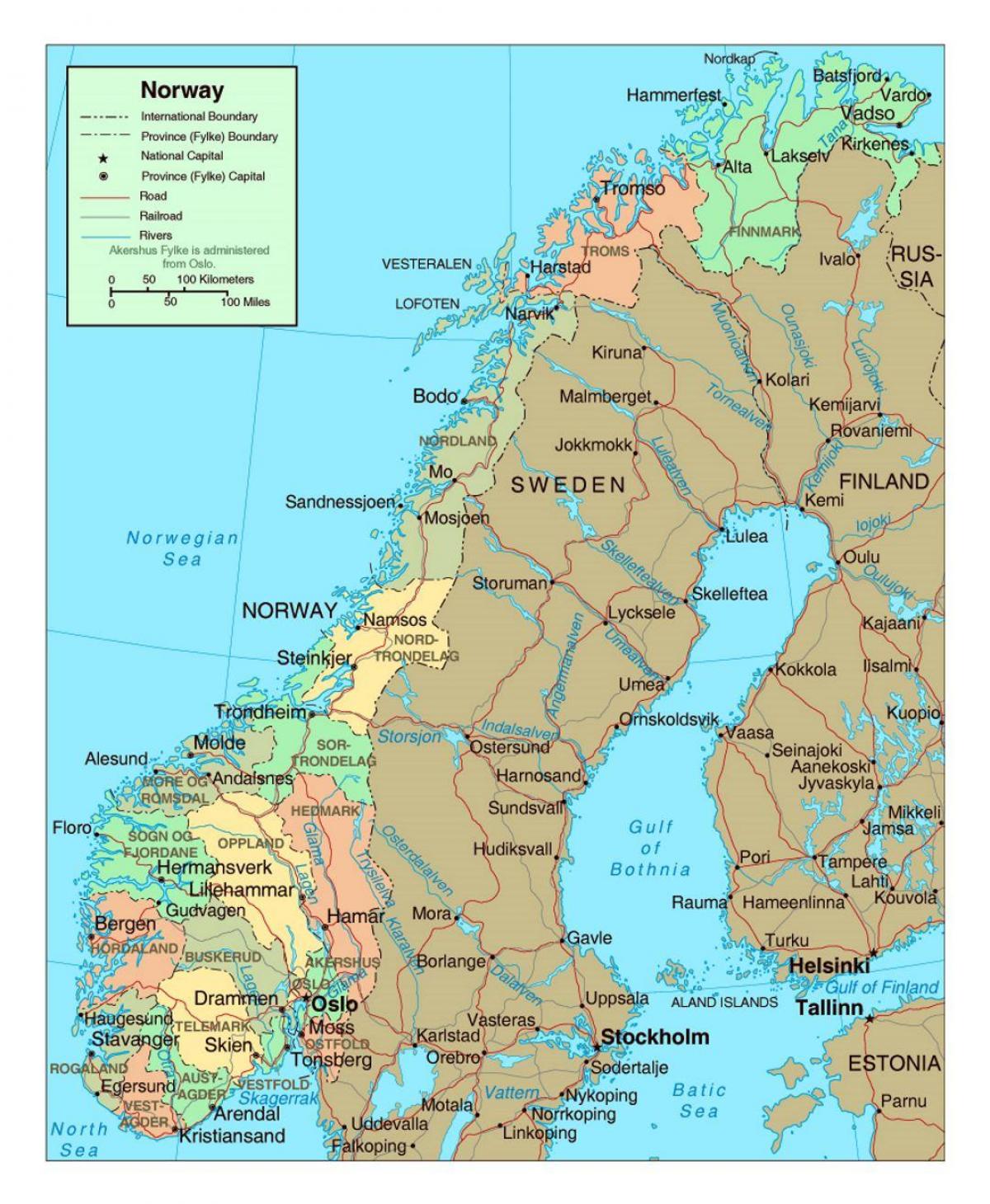ceļu karte ar pilsētām Norvēģijā