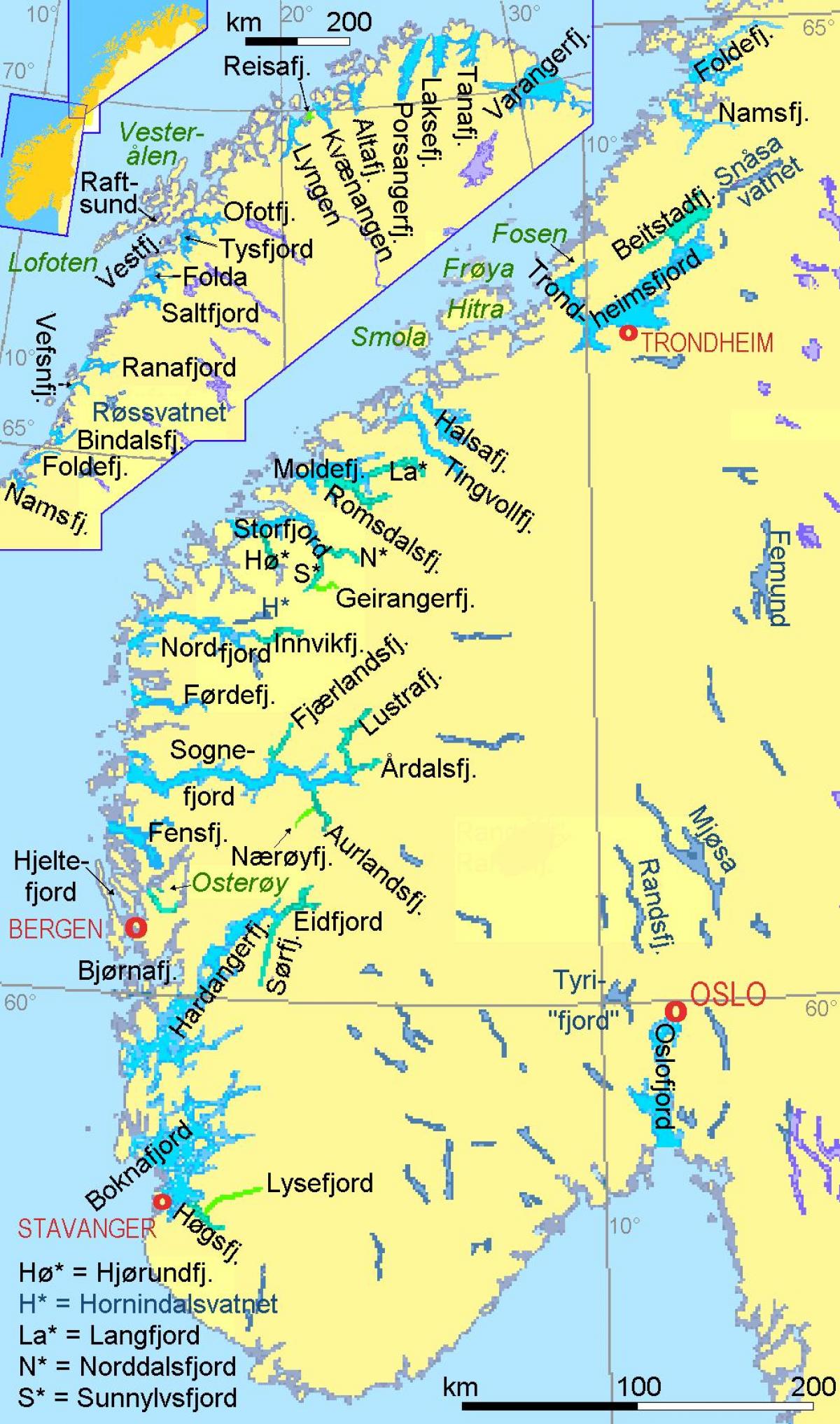 kartē Norvēģija rāda fjordiem